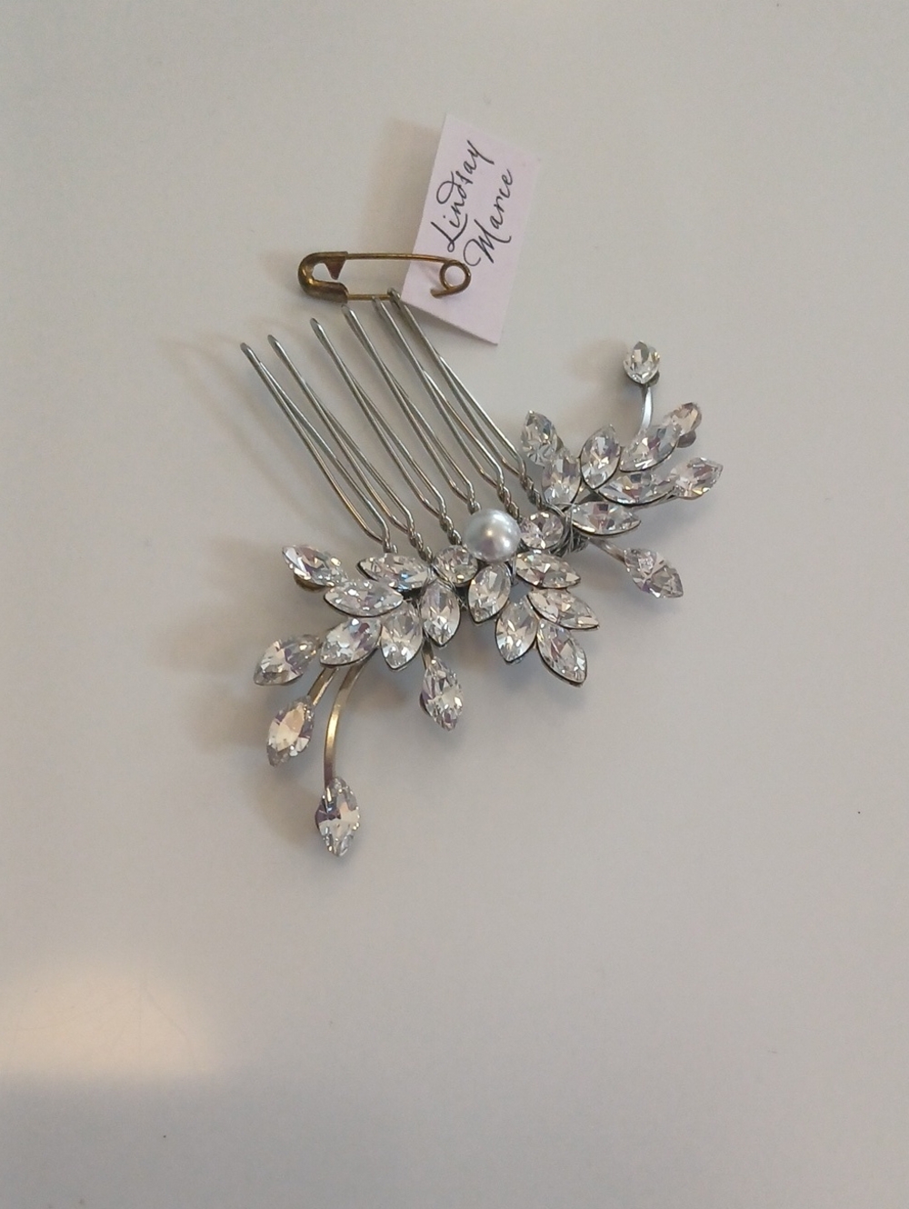 Crystal Floral Hair Comb with Pearl Accent - Silver